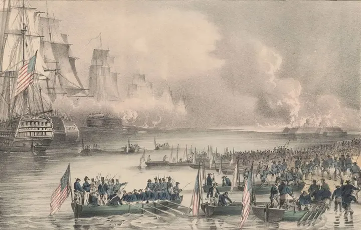Surfboats under American colors carry Scott’s army onto the beach near Veracruz, 9 March 1847 (N. Currier, 1847).