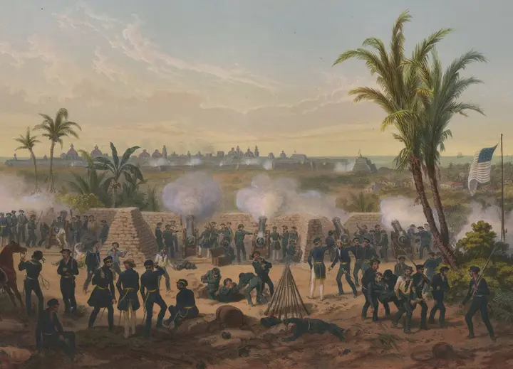 American mortar and gun batteries pound the walls of Veracruz in March 1847 (Carl Nebel, 1851).