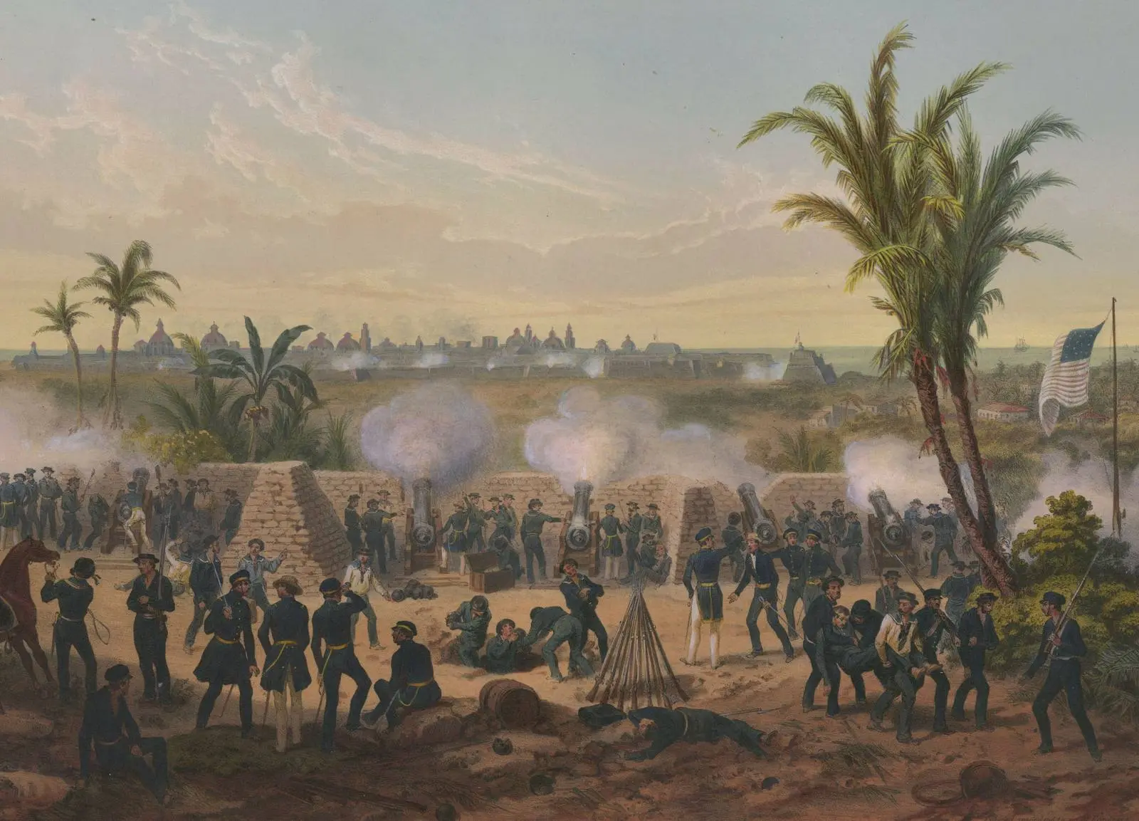 American mortar and gun batteries pound the walls of Veracruz in March 1847 (Carl Nebel, 1851).