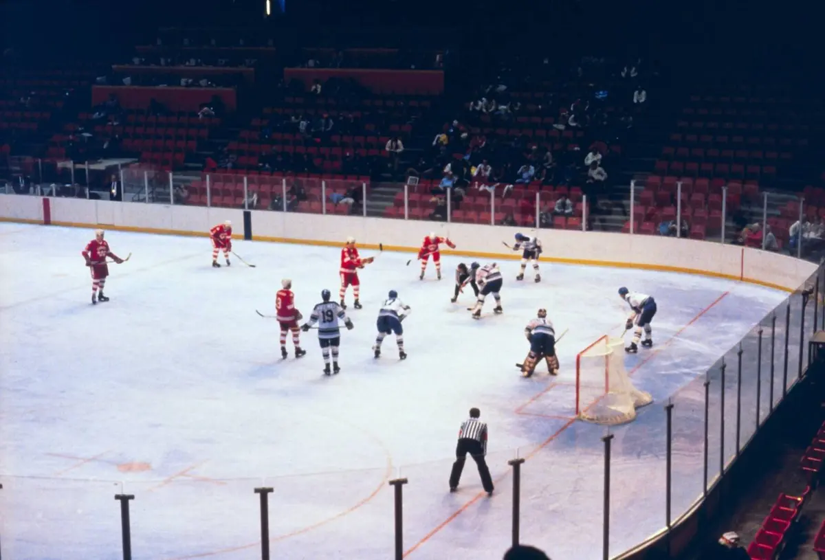 A hockey game in the Olympic Field House during the 1980 Winter Games at Lake Placid