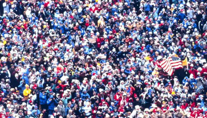 American flags in the crowd at the 1980 Winter Olympics in Lake Placid