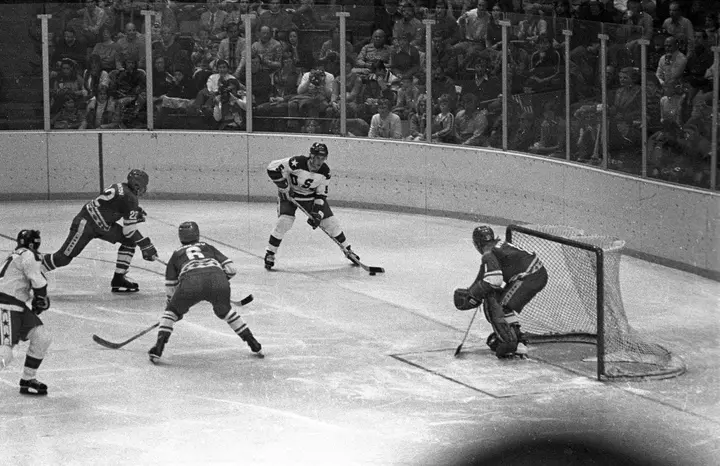 USA vs. Soviet Union, Lake Placid, February 22, 1980 (Mike Ramsey #5 with the puck)