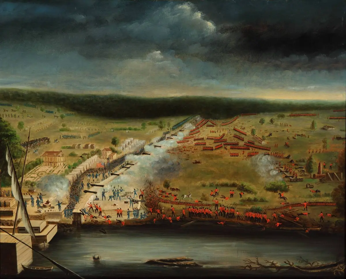 The battle as painted by Jean Hyacinthe de Laclotte, an engineer in Jackson’s army, from his sketches on the field: Line Jackson runs from the river to the swamp as the British columns attack (1815).