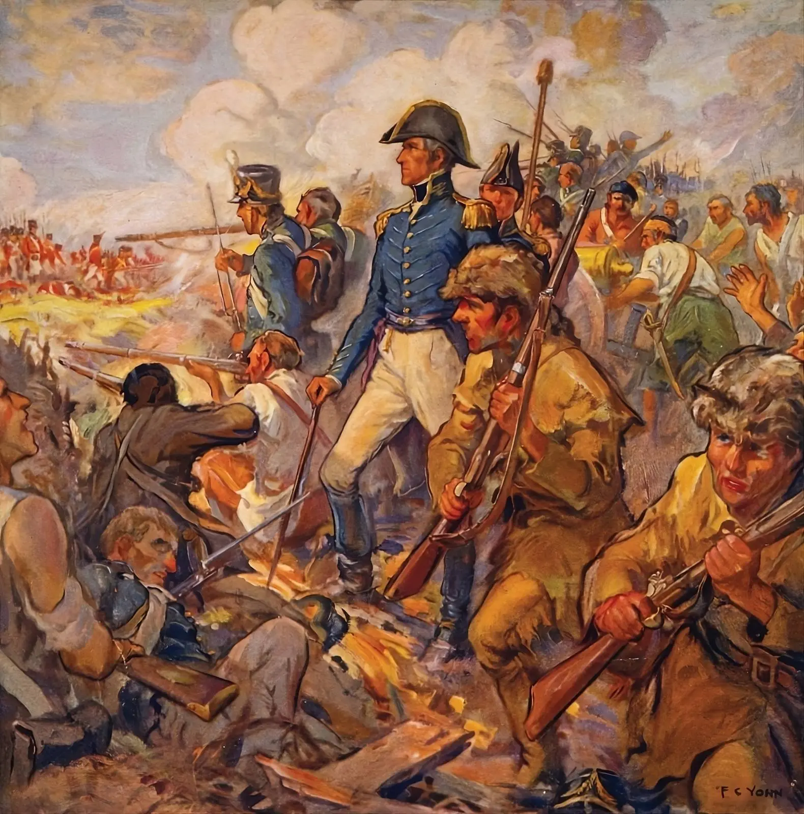 Jackson stands among frontier riflemen at the rampart (Frederick Coffay Yohn, 1922).