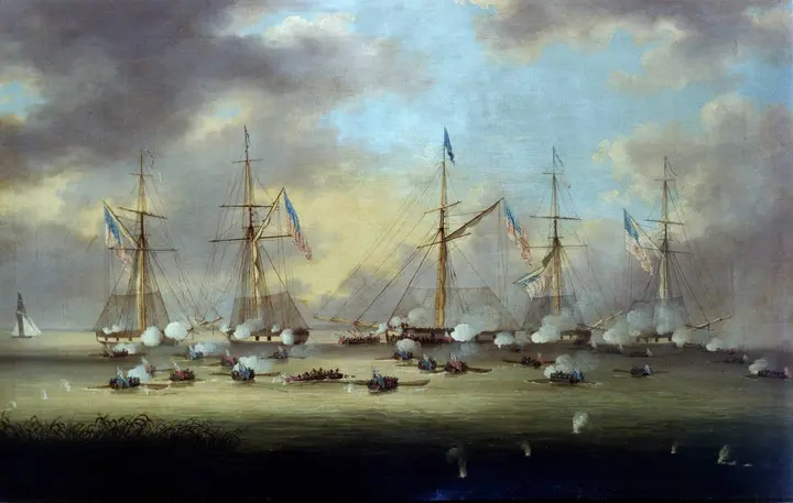 British barges close on the five American gunboats at Lake Borgne, 14 December 1814 (Thomas Lyde Hornbrook, c. 1836–1844).