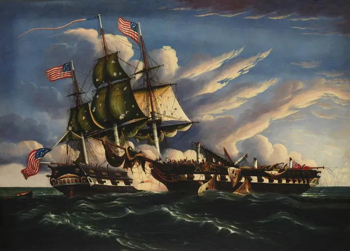 Constitution’s broadsides shatter HMS Guerriere, 19 August 1812 (Thomas Chambers, about 1845).