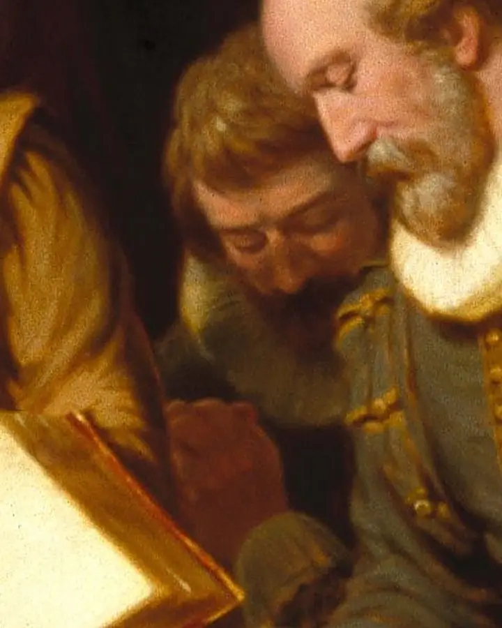 William Bradford, head bowed in prayer beside John Carver, a later imagining from Robert W. Weir's Embarkation of the Pilgrims (1857 version), identified by the U.S. Capitol's key to the painting. No portrait of him from life exists. No free portrait of William Bradford is available.