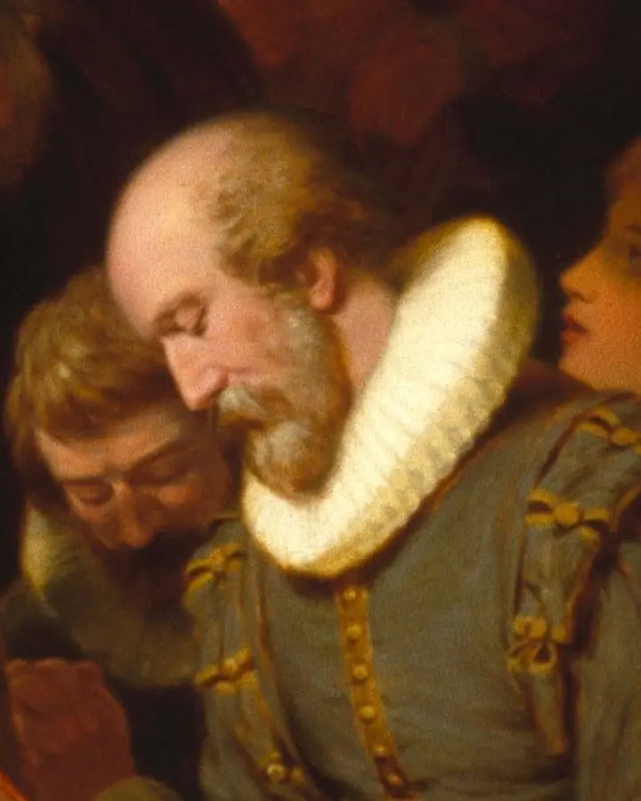 John Carver at prayer, a later imagining from Robert W. Weir's Embarkation of the Pilgrims (1857 version). No portrait of him from life exists. No free portrait of John Carver is available.