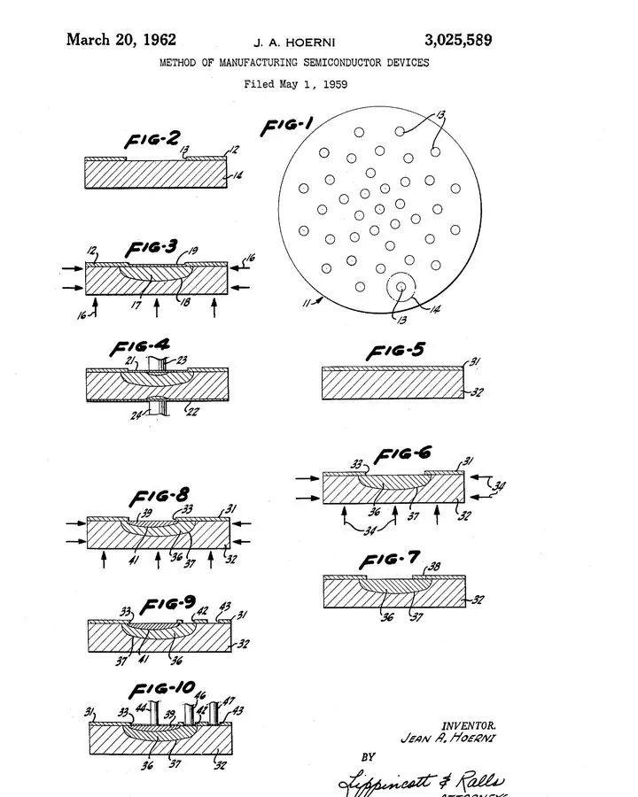 Jean Hoerni’s patent for the planar process, filed 1 May 1959 and granted 20 March 1962. No free portrait of Jean Hoerni is available.
