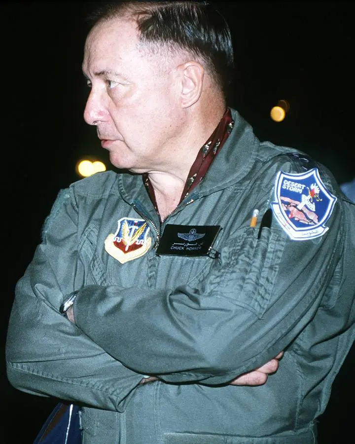 Lt. Gen. Chuck Horner, commander of U.S. Central Command Air Forces, in the Gulf after Desert Storm, 1991 (cropped).