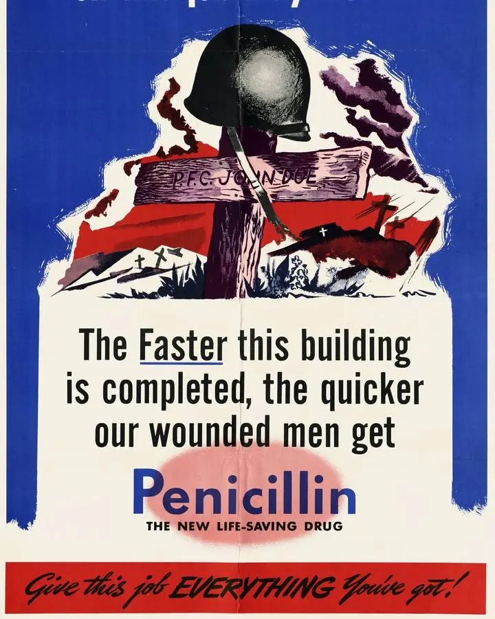 A wartime poster urges builders to finish a penicillin plant: the faster it is done, the quicker wounded men get the drug. No free portrait of Jasper Kane is available.