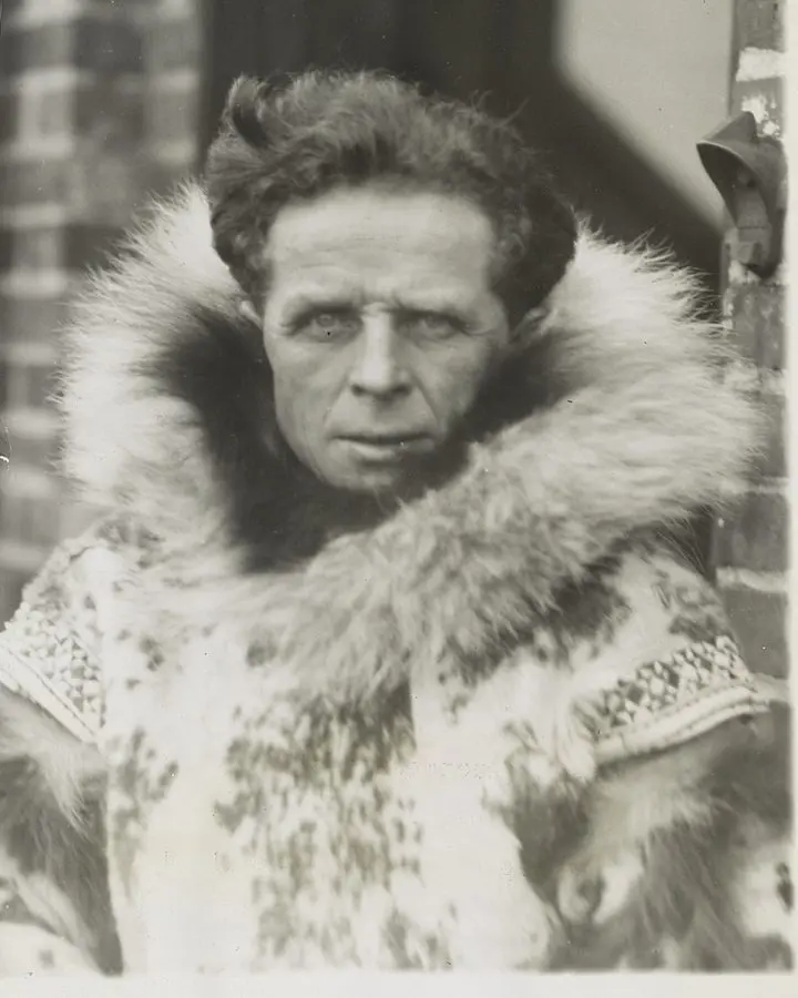 Leonhard Seppala in his fur parka at Lake Placid, New York, January 1928, after winning the first sled dog race held there.