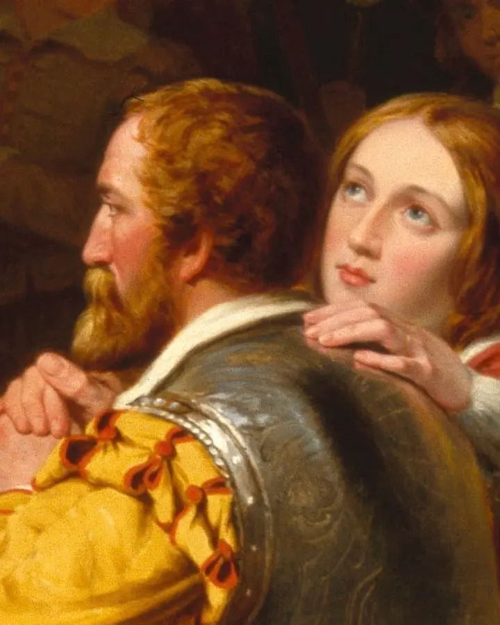 Myles Standish in armor beside his wife Rose, a later imagining from Robert W. Weir's Embarkation of the Pilgrims (1857 version). No portrait of him from life exists. No free portrait of Myles Standish is available.