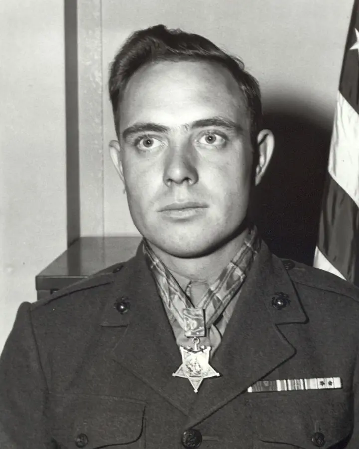 Cpl. Hershel W. "Woody" Williams, USMC, wearing the Medal of Honor, circa 1945
