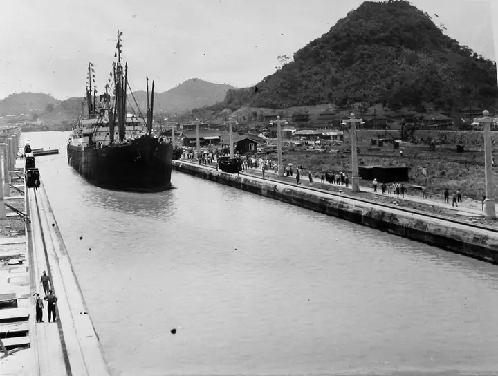 The S.S. Ancon enters the Pedro Miguel Locks from the Culebra Cut on opening day, 15 August 1914