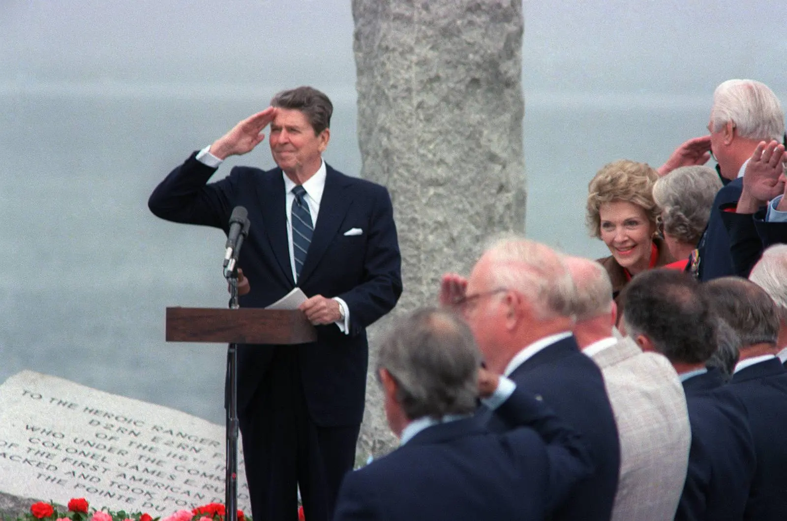President Reagan salutes at the Ranger Monument on 6 June 1984, the day he called them the boys of Pointe du Hoc.