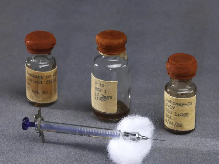 Jonas Salk’s own syringe and vials from his first vaccine tests near Pittsburgh in 1952.
