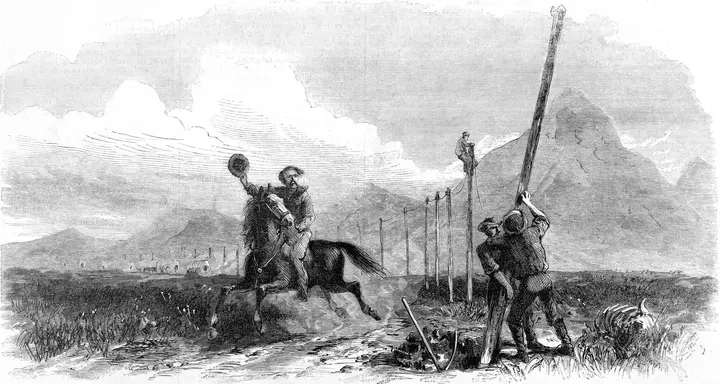 “The Overland Pony Express”: a rider salutes the crews raising the transcontinental telegraph, from a painting by George M. Ottinger. Harper’s Weekly, 2 November 1867.