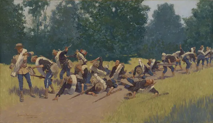 The Scream of Shrapnel at San Juan Hill: Frederic Remington, who was there as a war correspondent, painted troops taking shrapnel on the approach to the heights in 1898