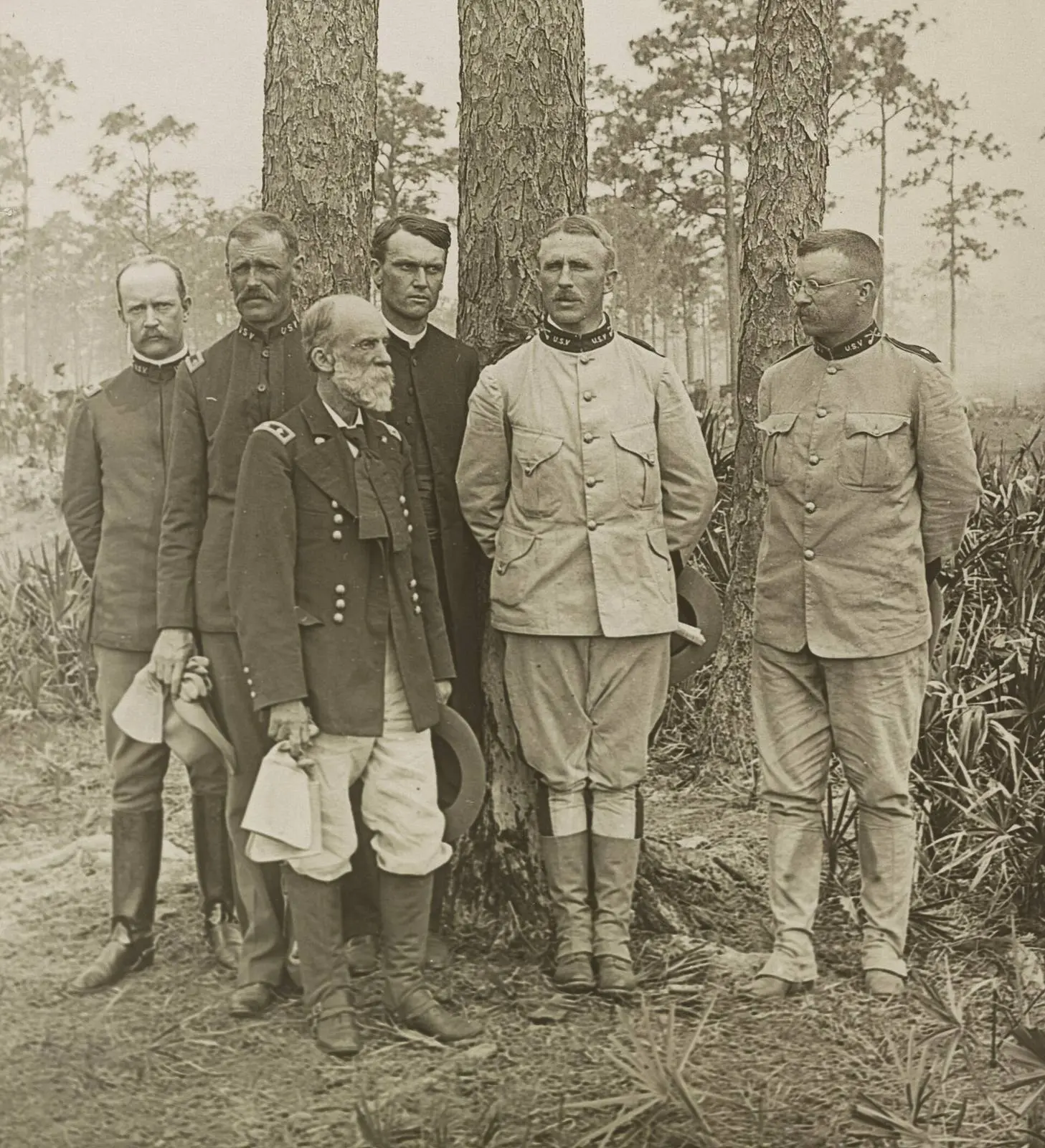 Officers of the 1st U.S. Volunteer Cavalry, the Rough Riders, at Tampa before sailing for Cuba, 1898. Roosevelt stands at far right