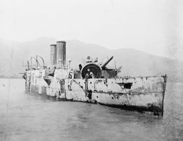 The wreck of the Spanish cruiser Vizcaya, beached and burned after the Navy destroyed Admiral Cervera’s squadron off Santiago on 3 July 1898