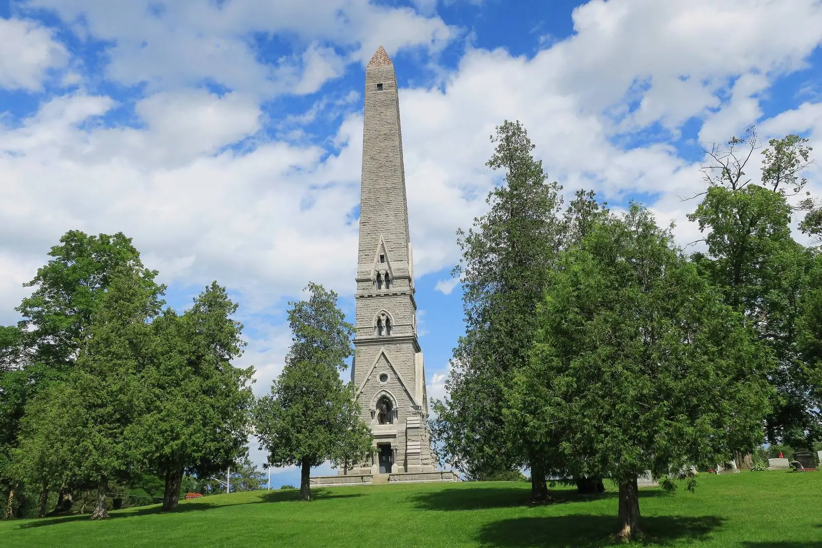 The Saratoga Monument, a 155-foot granite obelisk on the ground of Burgoyne’s last camp in Victory, New York. Its cornerstone was laid on the centennial of the surrender.
