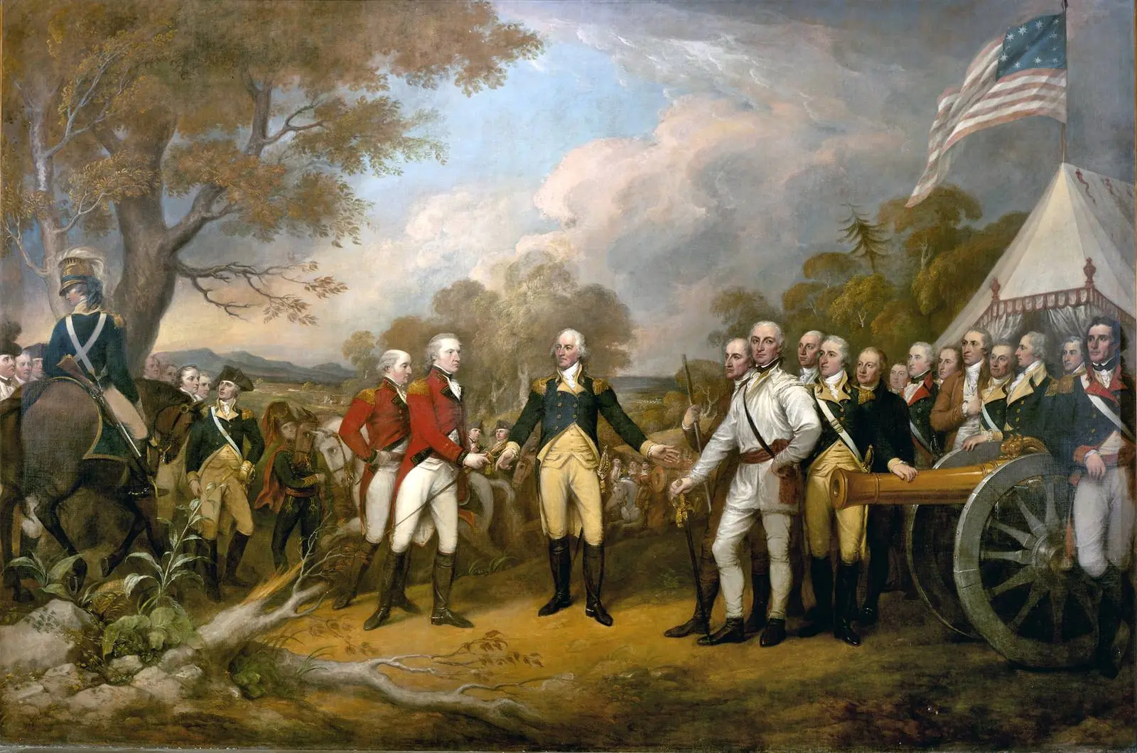 Surrender of General Burgoyne (John Trumbull, 1821), in the Capitol Rotunda. Gates declines Burgoyne’s sword and invites him into his tent; Daniel Morgan stands in white at the head of the American officers.