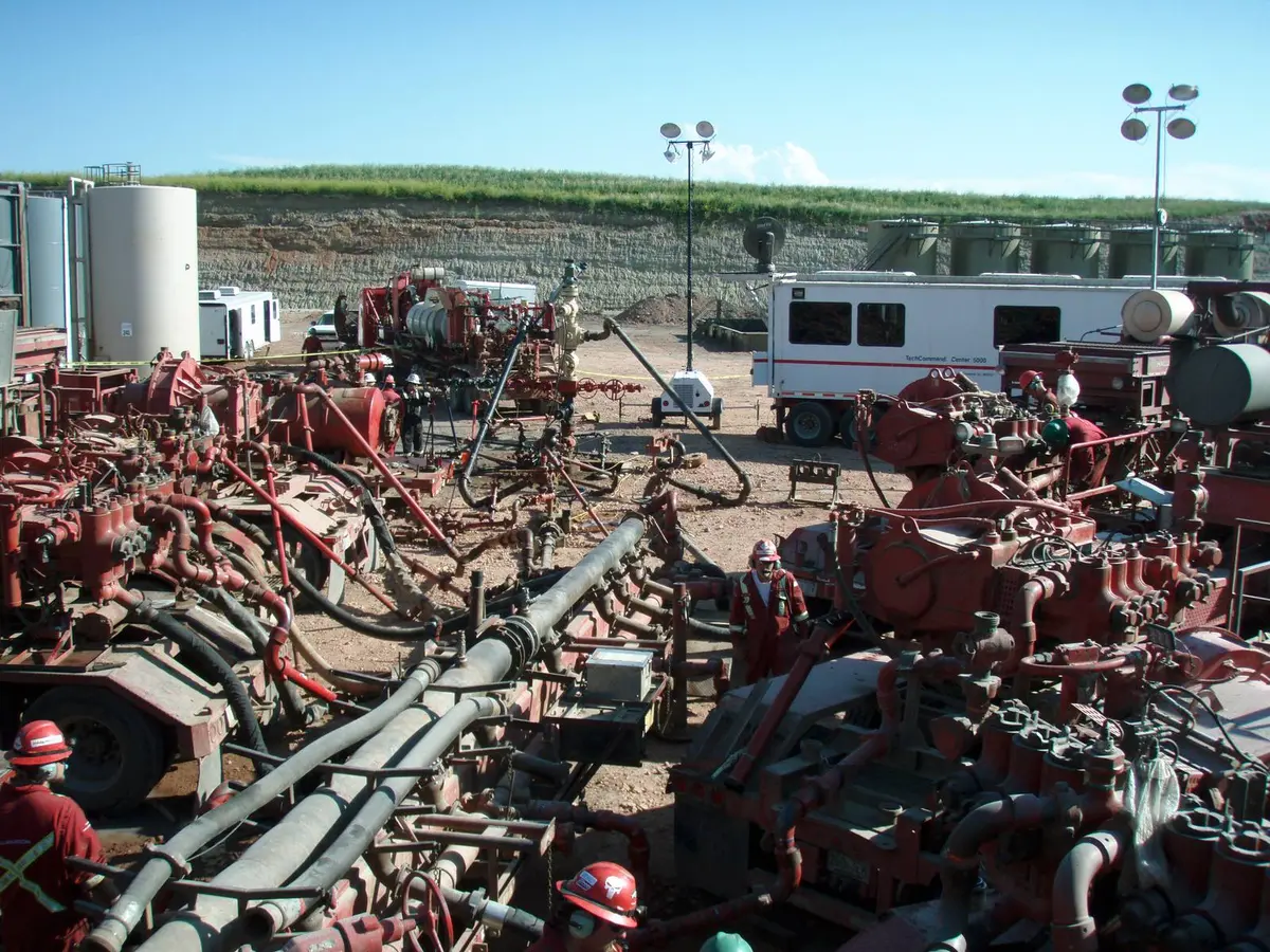 A frac crew at work on a fracture job on a Bakken well in North Dakota, August 2011