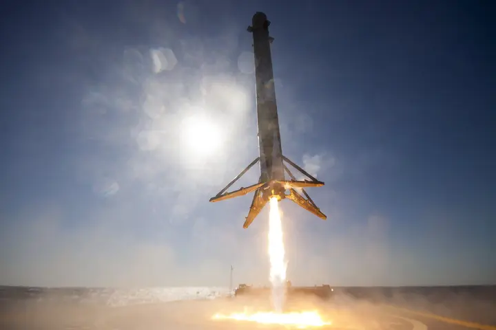 A Falcon 9 first stage lands on the drone ship Of Course I Still Love You after launching the CRS-8 cargo mission, 8 April 2016.