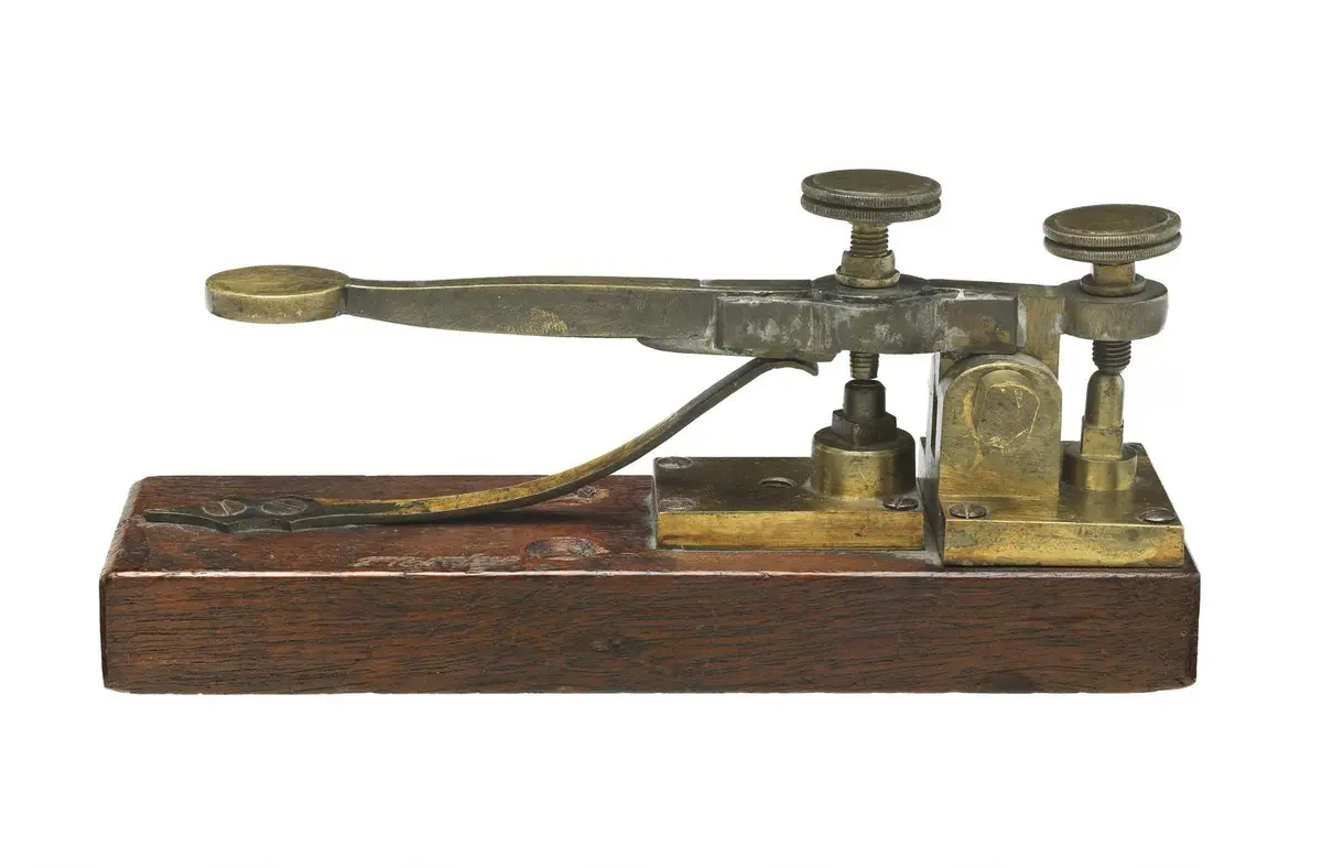 A Morse-Vail telegraph key, the lever-style sending key Alfred Vail developed for Morse’s system.