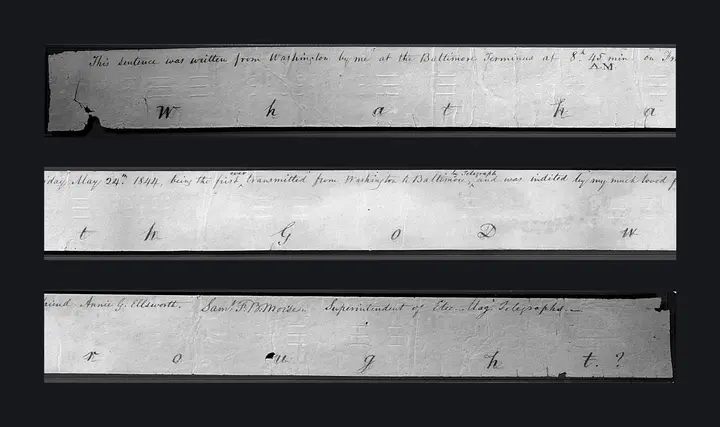 The paper tape of the first message, “What hath God wrought?”, with Morse’s note that it was sent at 8:45 a.m. on 24 May 1844 and chosen by Annie G. Ellsworth. Shown here in three rows.