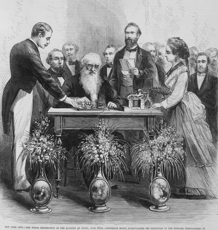 Morse taps out his own name to close his farewell message to the world’s telegraph operators at New York’s Academy of Music, 10 June 1871.