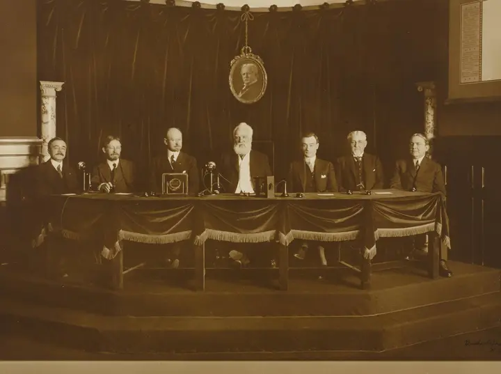 Bell, center, at AT&T’s New York offices on 25 January 1915, opening the first transcontinental telephone line with a call to Watson in San Francisco.