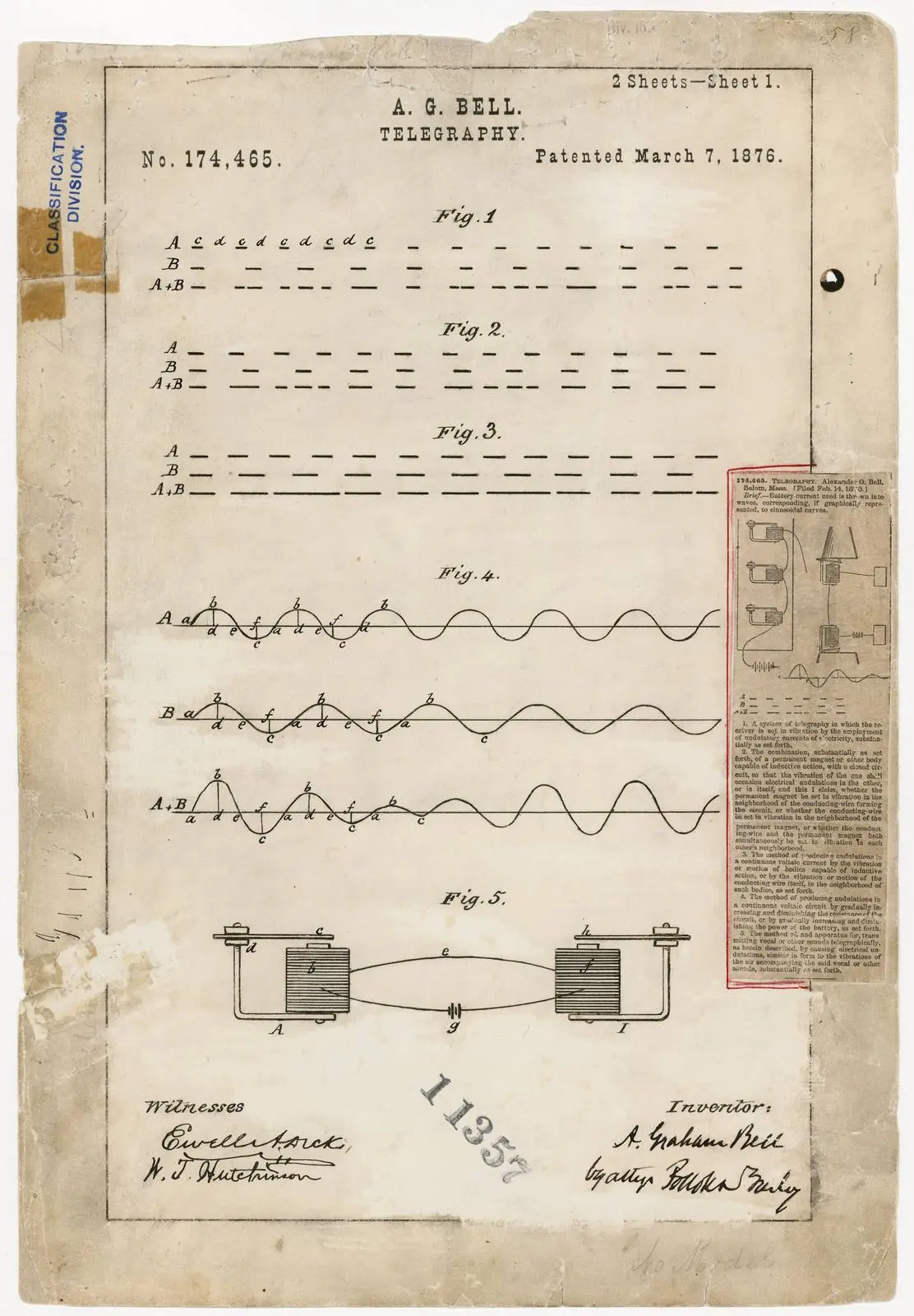 Bell’s patent drawing for U.S. Patent 174,465, “Improvement in Telegraphy,” granted 7 March 1876.