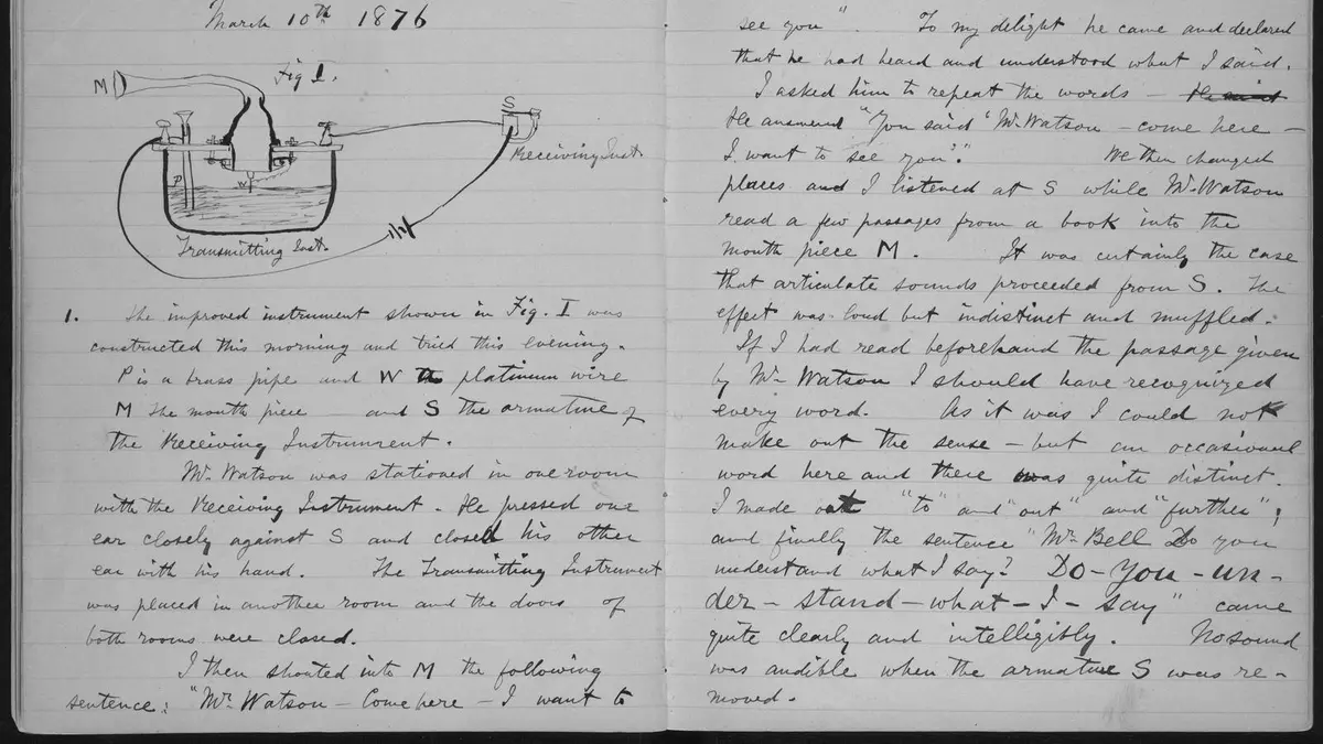 Bell’s laboratory notebook for 10 March 1876, recording the first sentence ever sent by telephone: “Mr. Watson—Come here—I want to see you.”
