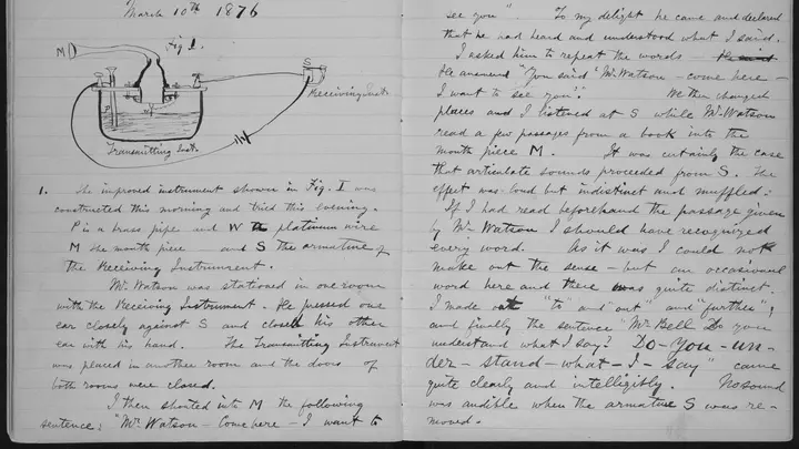 Bell’s laboratory notebook for 10 March 1876, recording the first sentence ever sent by telephone: “Mr. Watson—Come here—I want to see you.”