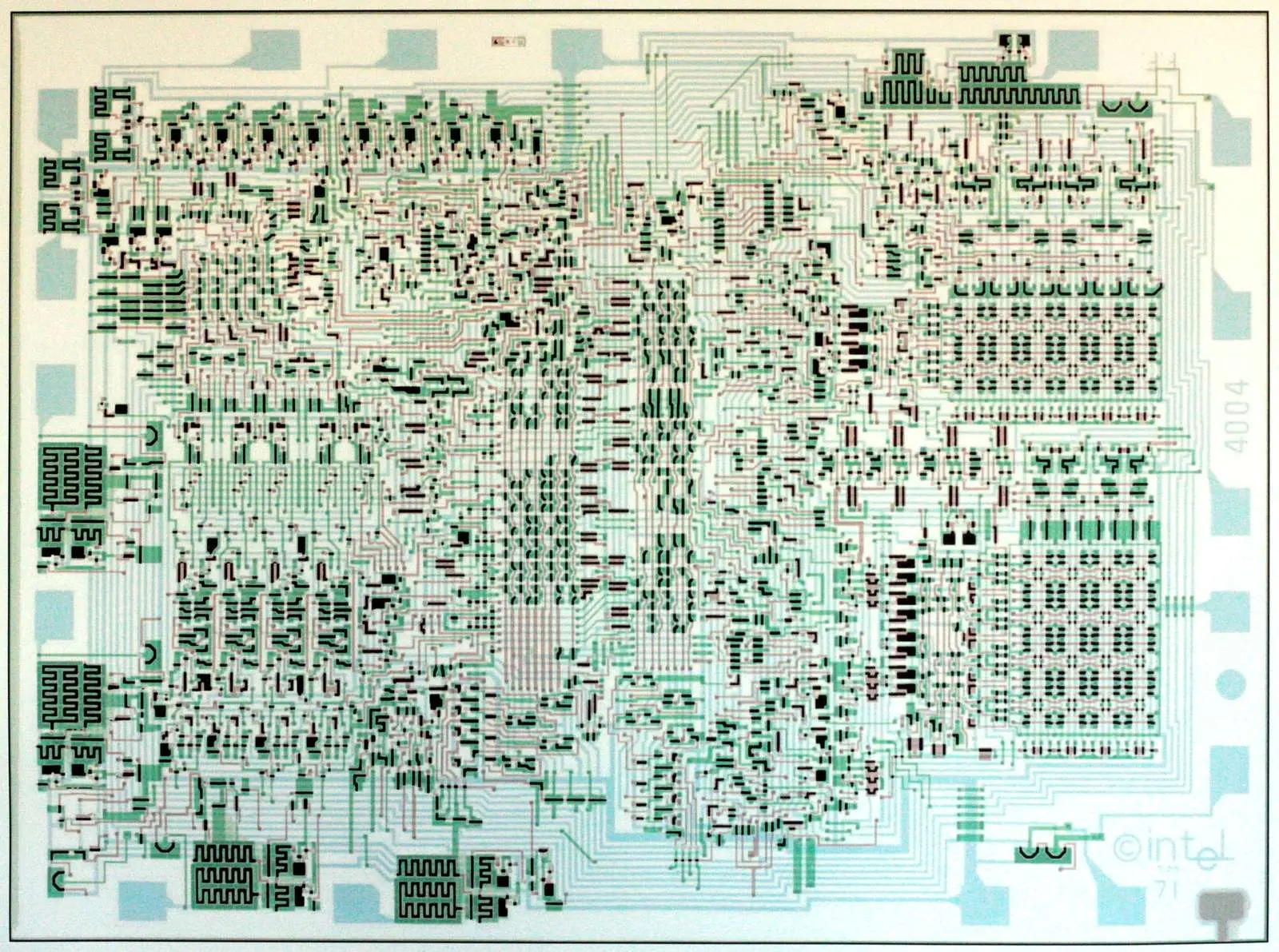 The chip layout of the Intel 4004 of 1971, the first microprocessor, with 2,300 transistors