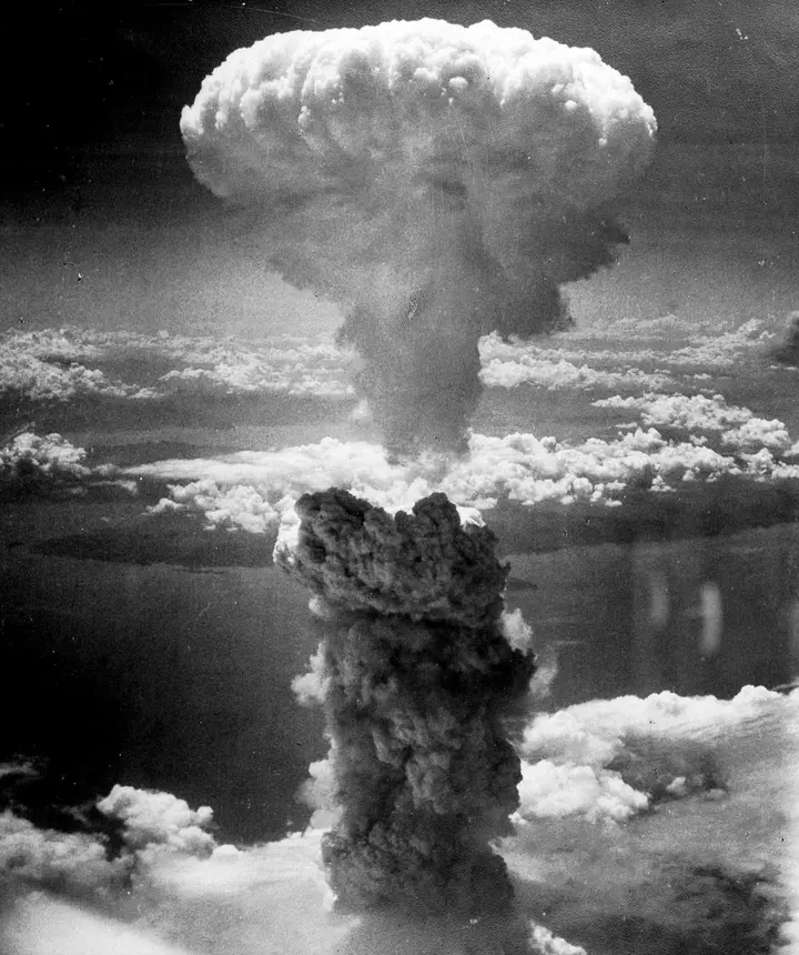 The mushroom cloud over Nagasaki, 9 August 1945, photographed from a B-29 of the 509th Composite Group.