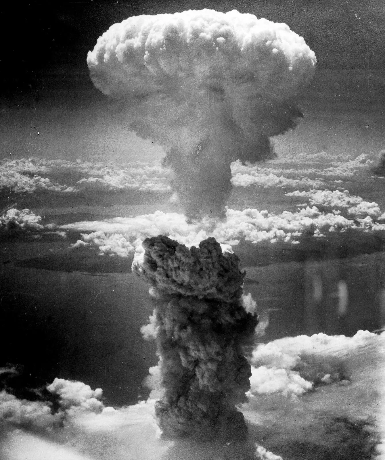 The mushroom cloud over Nagasaki, 9 August 1945, photographed from a B-29 of the 509th Composite Group.