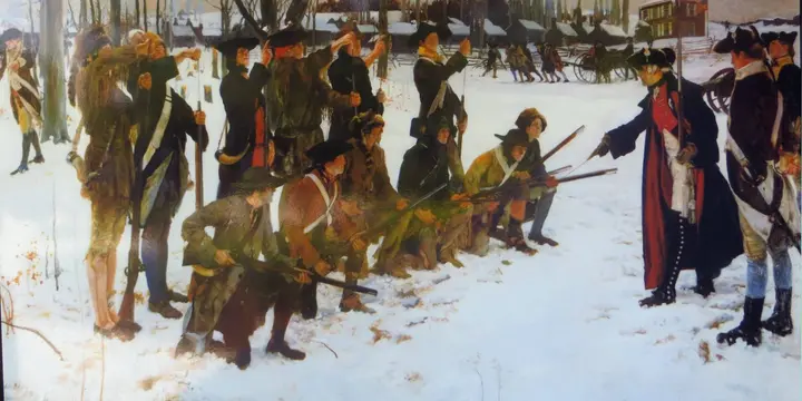 Baron von Steuben drills American troops in the snow at Valley Forge (Edwin Austin Abbey).