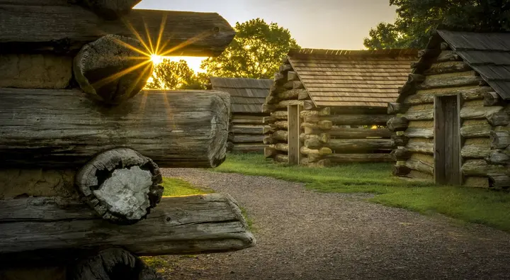 Sunrise over the reconstructed huts of Muhlenberg’s brigade, Valley Forge National Historical Park.