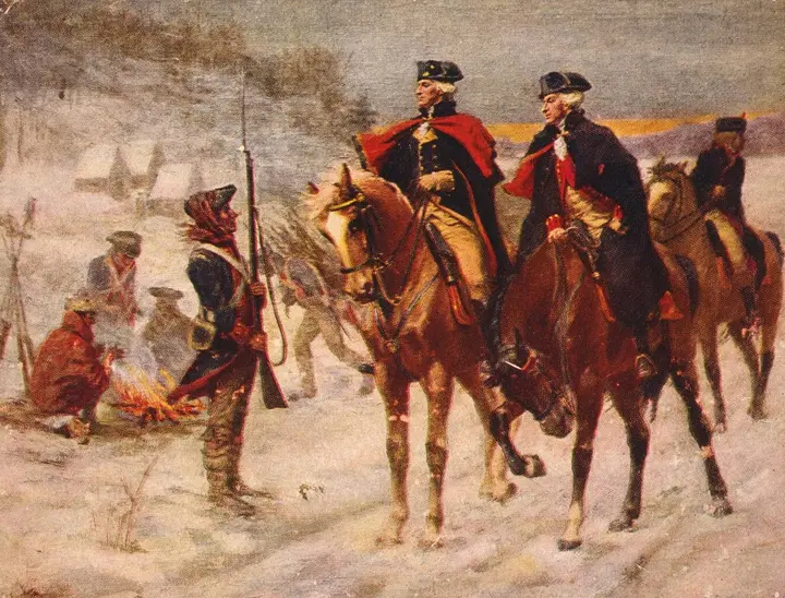 Washington and Lafayette ride through the winter camp at Valley Forge (John Ward Dunsmore, 1907).