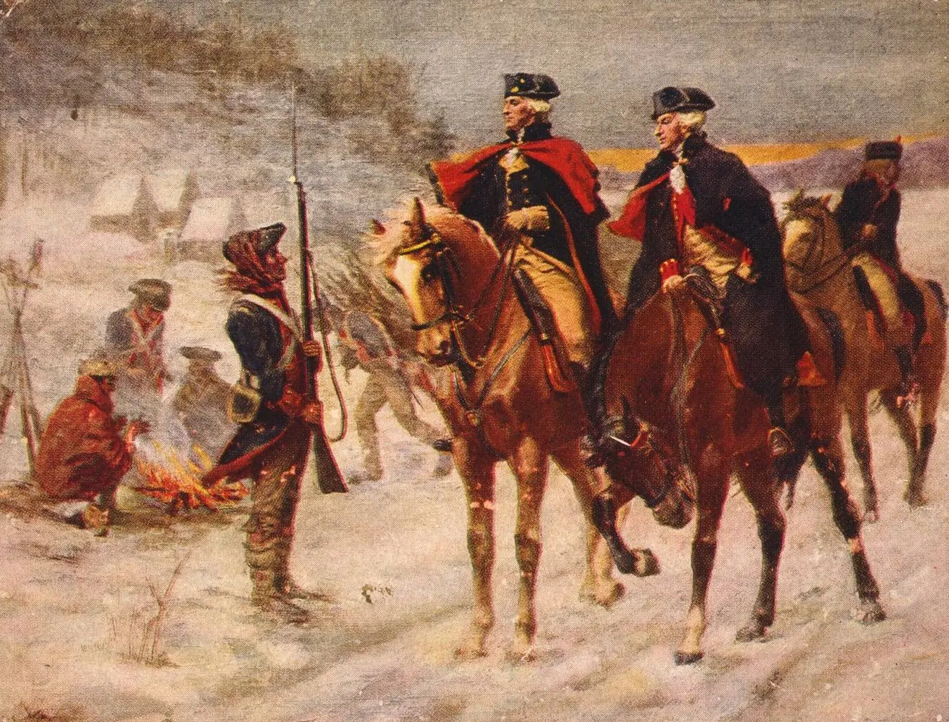 Washington and Lafayette ride through the winter camp at Valley Forge (John Ward Dunsmore, 1907).