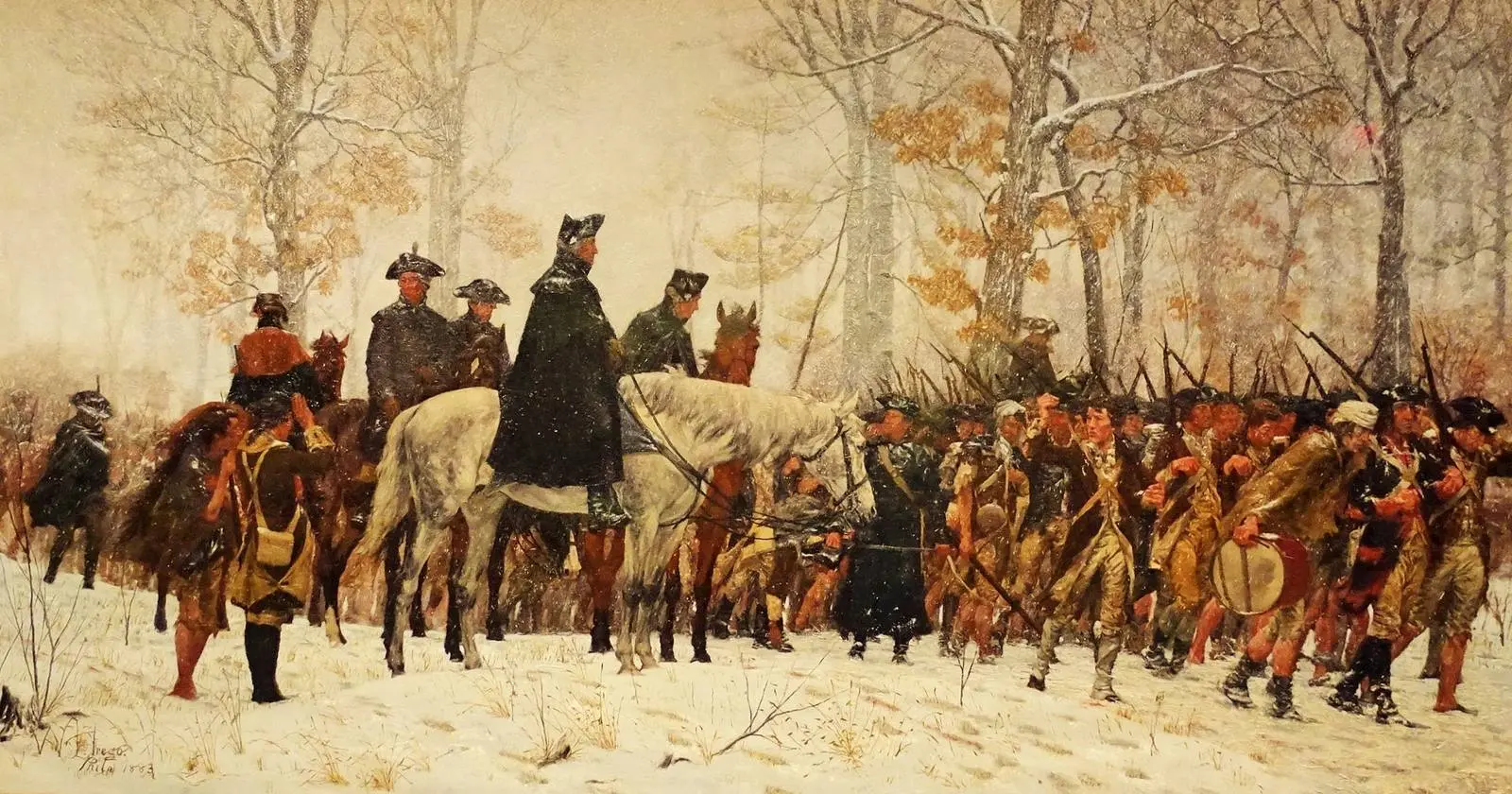 The March to Valley Forge, December 19, 1777 (William B. T. Trego, 1883): Washington watches his army march into winter quarters.