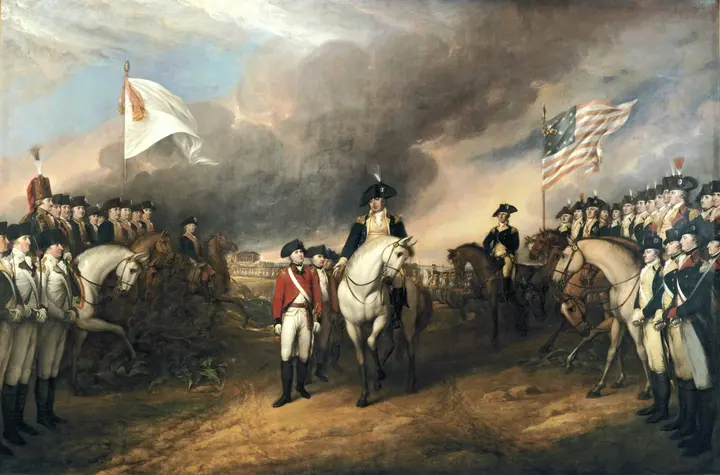Surrender of Lord Cornwallis (John Trumbull, 1820), 12 by 18 feet, in the Capitol Rotunda. General Lincoln, on the white horse, receives the British column.