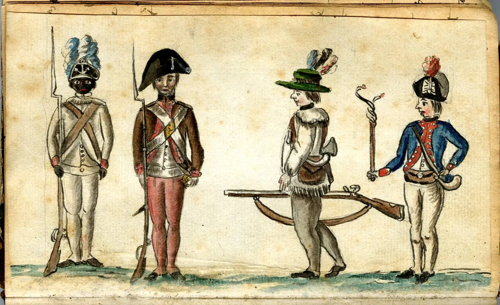 Soldiers at the siege, sketched in 1781 by a French officer: a Black soldier of the 1st Rhode Island Regiment, a Continental infantryman, a frontier rifleman and a French officer.